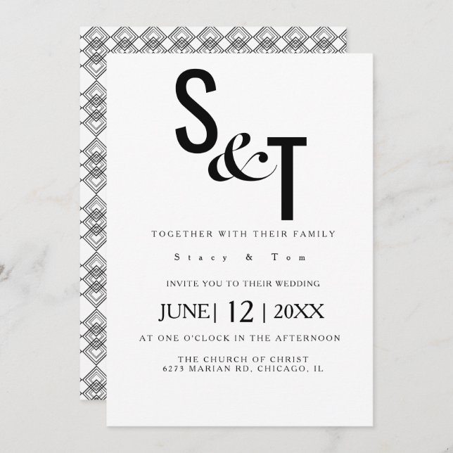 Invitation Mariage de typographie noir blanc Geo Back (Devant / Derrière)