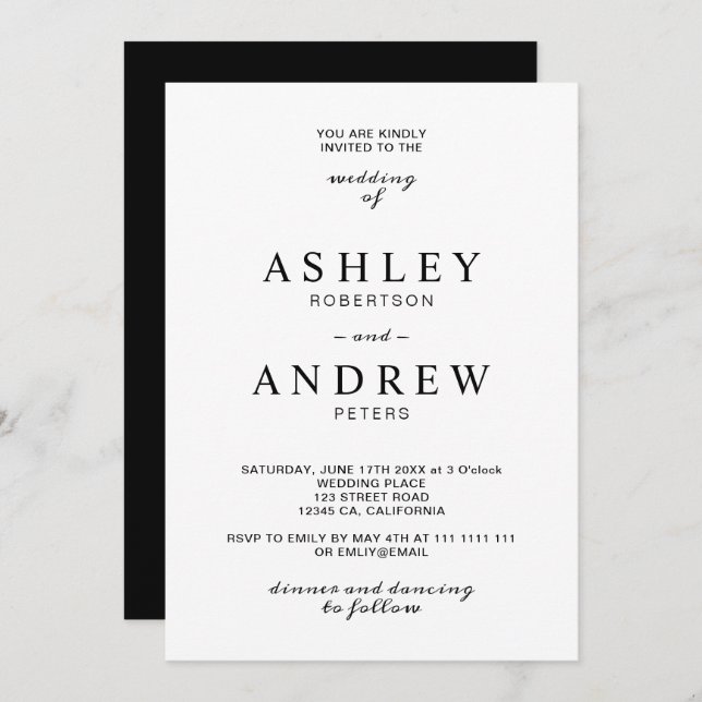Invitation Mariage de typographie noir moderne élégant (Devant / Derrière)
