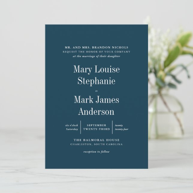 Invitation Mariage de typographie sophistiqué bleu marine (Debout devant)