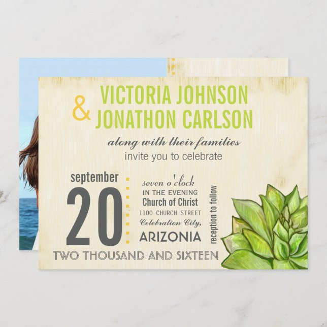 Invitation Mariage de typographie Succulente à la chaux jaune (Devant / Derrière)
