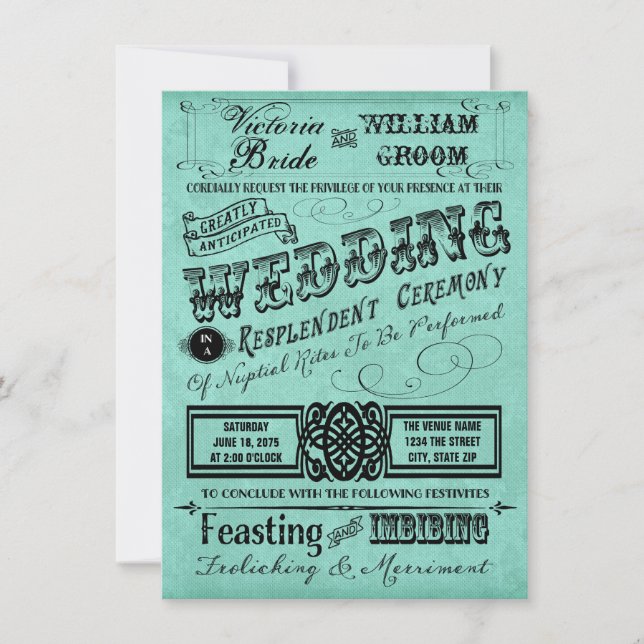 Invitation Mariage de typographie Vintage turquoise (Devant)