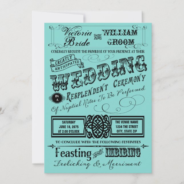 Invitation Mariage de typographie Vintage turquoise (Devant)