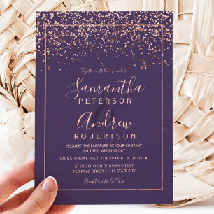 Invitation mariage de typographie violet confetti en or rose