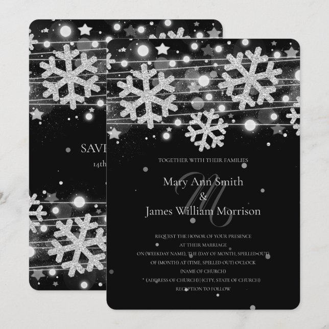 Invitation Mariage de vacances Argent & Noir Enregistrez la d (Devant / Derrière)