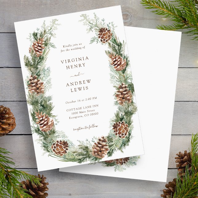 Invitation Mariage de vacances d'hiver (White Winter Holiday Pinecone Wedding Invitation by Painted Paperie
)