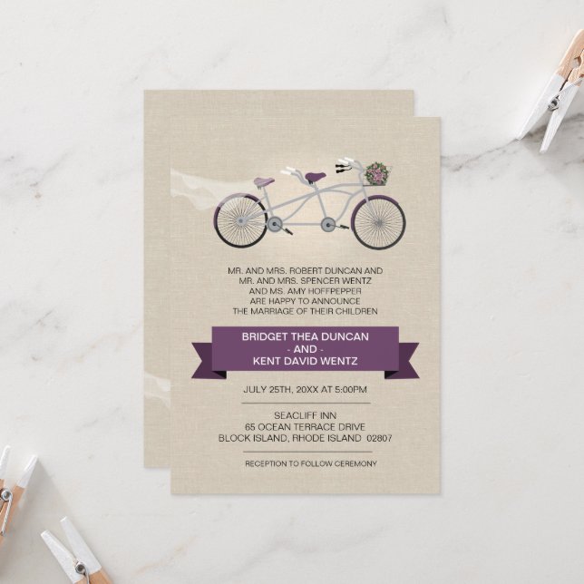 Invitation Mariage de vélo Faux Linen Plum Tandem (Devant/Arrière en situation)