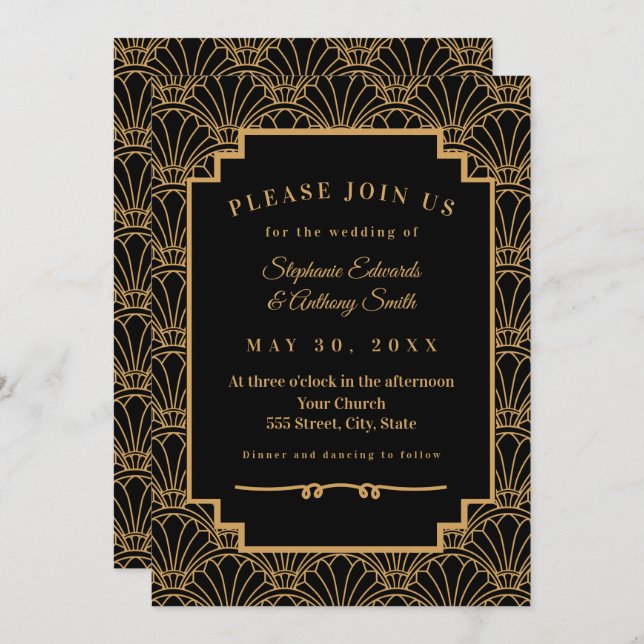 Invitation Mariage de ventilateur Art déco noir et or (Devant / Derrière)