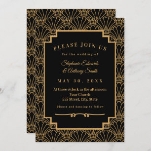 Invitation Mariage de ventilateur Art déco noir et or