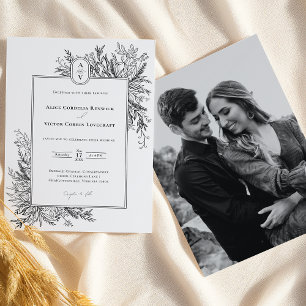 Invitation Mariage de verdure blanc et noir Monogramme Photo