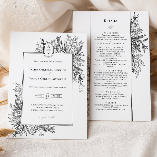 Invitation Mariage de verdure blanche et noire Détails du mon (Créateur téléchargé)