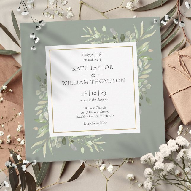 Invitation Mariage de verdure botanique aquarelle sauge (Sage Greenery Wedding Botanical Watercolor Invitation)