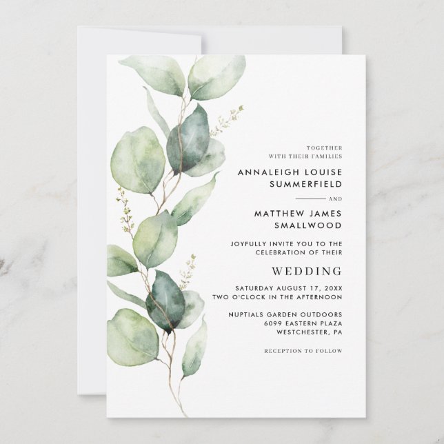 Invitation Mariage de verdure botanique moderne Eucalyptus (Devant)