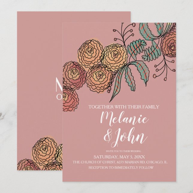 Invitation Mariage de verdure de fleurs botaniques d'œillet (Devant / Derrière)