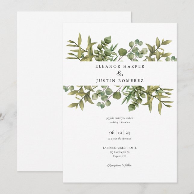 Invitation Mariage de verdure d'eucalyptus boisé (Devant / Derrière)