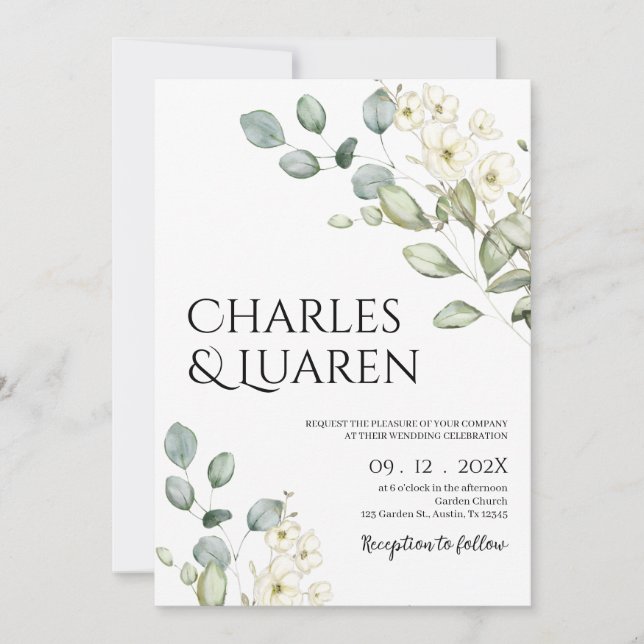 Invitation Mariage de verdure et fleurs blanches (Devant)