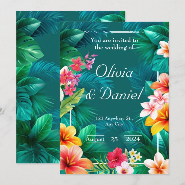 Invitation Mariage de verdure fleurie Aloha tropical (Devant / Derrière)