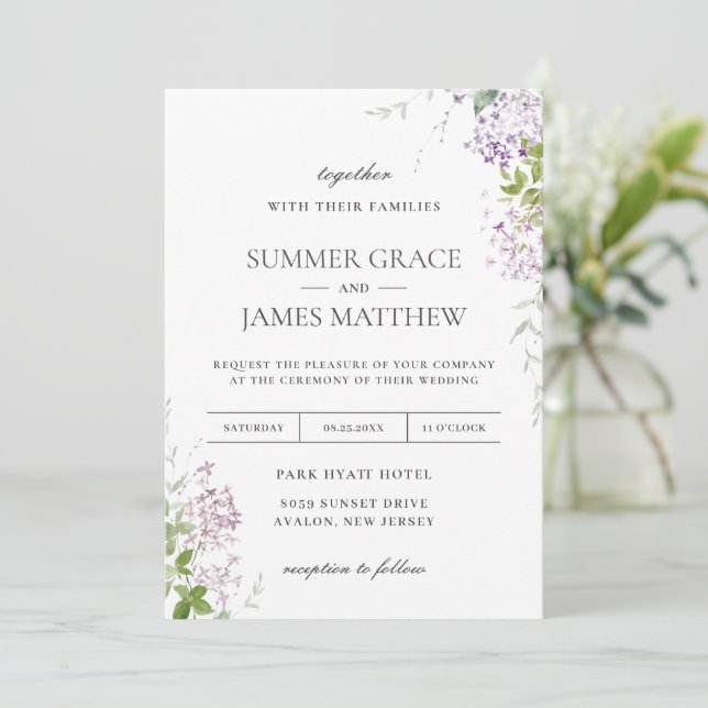 Invitation Mariage de verdure fleurie violet Lilac douce (Debout devant)