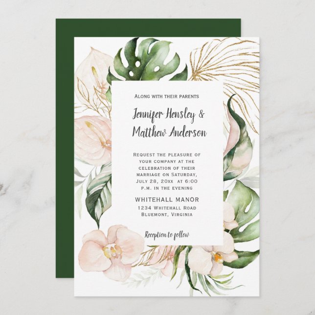 Invitation Mariage de verdure tropicale rose pâle (Devant / Derrière)