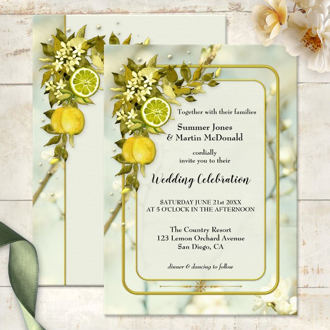 Invitation Mariage de verger de citron d'aquarelle (Watercolor wedding invitation featuring lemon and citrus fruits on green leaves with flowers)