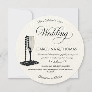 Invitation Mariage de verre de champagne Black & White Pearl