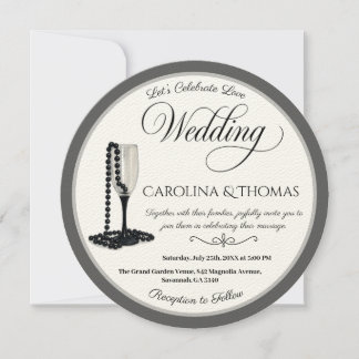 Invitation Mariage de verre de champagne Black & White Pearl