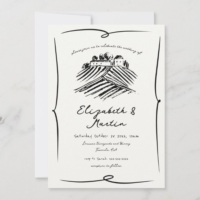 Invitation Mariage de vignoble dessiné à la main de manière f (Devant)
