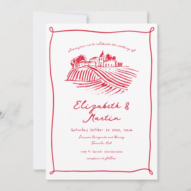 Invitation Mariage de vignoble fantaisiste au vin rouge (Devant)