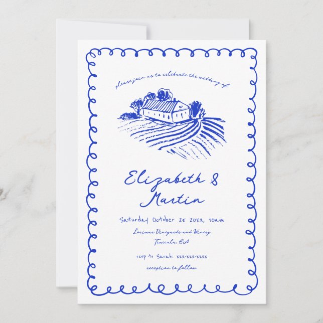 Invitation Mariage de vignoble funky dessiné à la main bleu f (Devant)