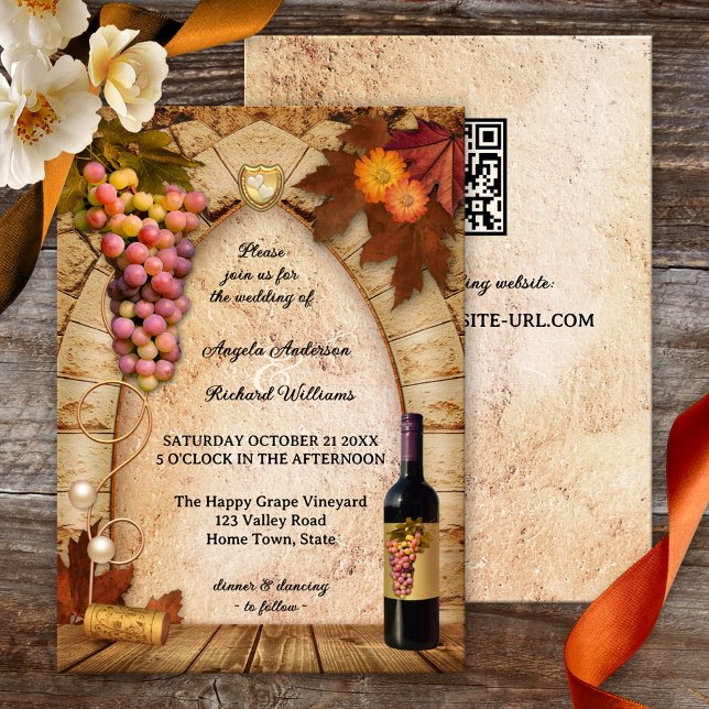 Invitation Mariage de vignoble ou de vignoble rustique (Rustic wine themed wedding invitation with a painting featuring grapes, flowers and fall leaves)