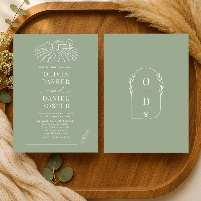 Invitation Mariage de vignoble rustique Art linéaire Vert sau (Créateur téléchargé)