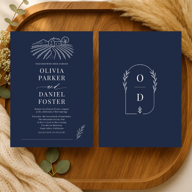 Invitation Mariage de vignoble rustique Ligne d'art Bleu Mari (Créateur téléchargé)