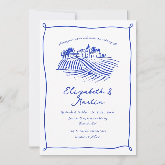 Invitation Mariage de vignoble tendance bleu dessiné à la mai (Devant)