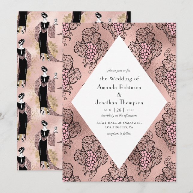 Invitation Mariage de vin rose Gold et Blush Pink Art Déco (Devant / Derrière)