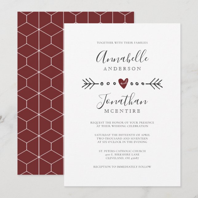 Invitation Mariage de vin rouge de coeur et de flèche de géom (Devant / Derrière)