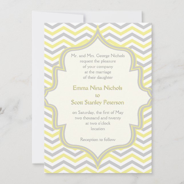 Invitation Mariage de zigzag de chevron gris jaune moderne (Devant)