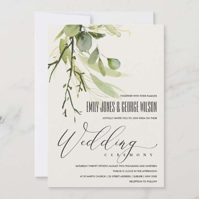Invitation Mariage D'EAU COULEUR D'OR VERT FOLIAGE EN FELEFER (Devant)