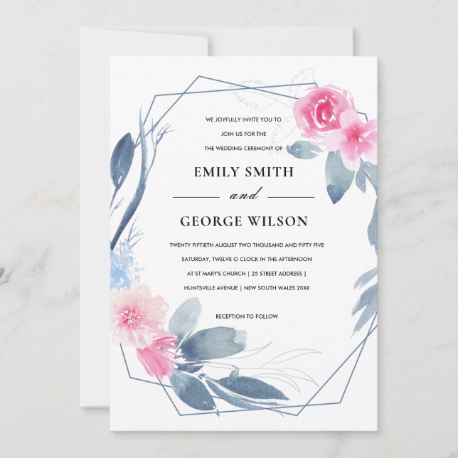 INVITATION MARIAGE D'EAU FLEURIE BLEU DOUX BLEU FLEURIS (Devant)