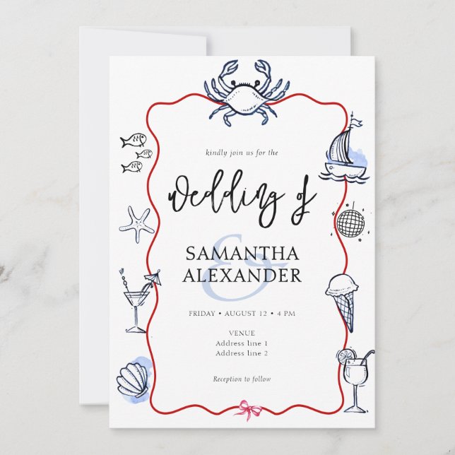 Invitation Mariage décontracté avec QR Code RSVP et Crabe Ble (Devant)