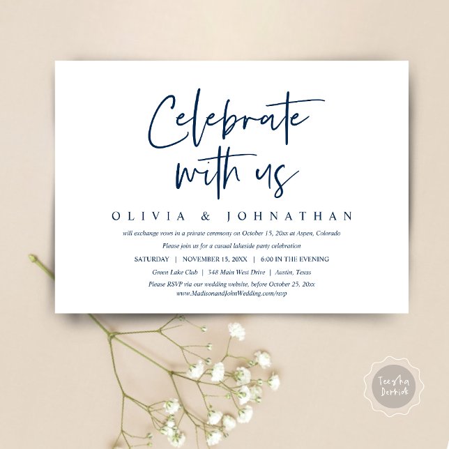 Invitation Mariage décontracté, célébration de l'élopement, c (Celebrate With Us, Wedding Elopement Brunch, Lunch, Dinner Party Invitation Card, PDF, Navy Blue)