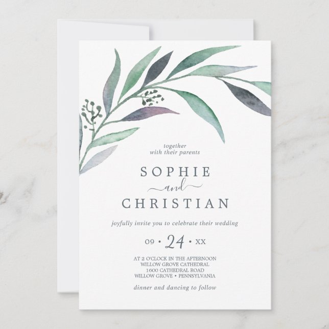 Invitation Mariage Décontracté d'Eucalyptus pourpre et vert (Devant)
