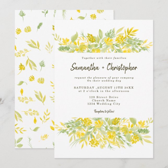 Invitation mariage décontracté jaune vert floral (Devant / Derrière)