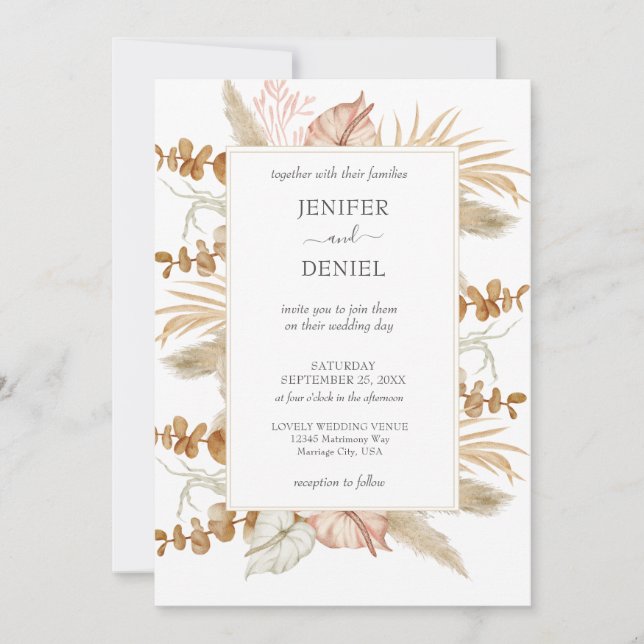 Invitation Mariage Décor Fleur de Palmier et de Pampa Neutre (Devant)