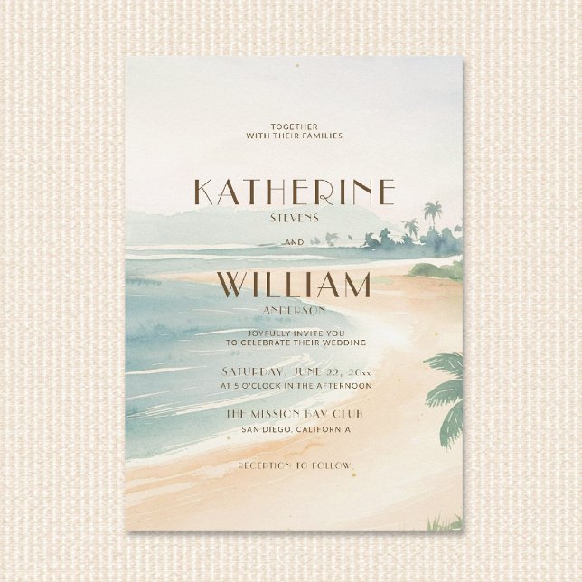 Invitation Mariage Décor Rétro Rivage Océan Coucher de Soleil (vintage coastal wedding invitation deco warm sunset orange teal mid century retro beach nautical)