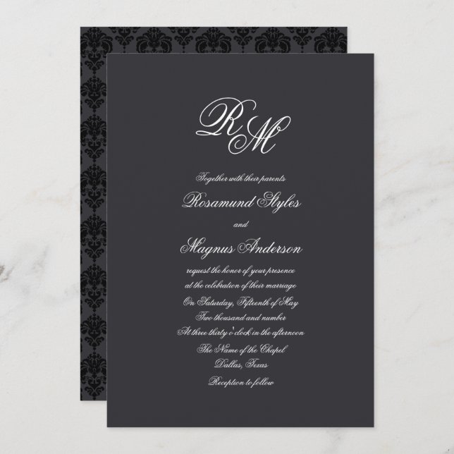 Invitation Mariage décoré d'un monogramme noir de la damassé (Devant / Derrière)