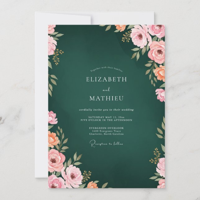Invitation Mariage Deep Hunter Coral Ranunculus Eucalyptus (Devant)