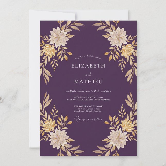Invitation Mariage Deep Purple Gold Leaf (Devant)