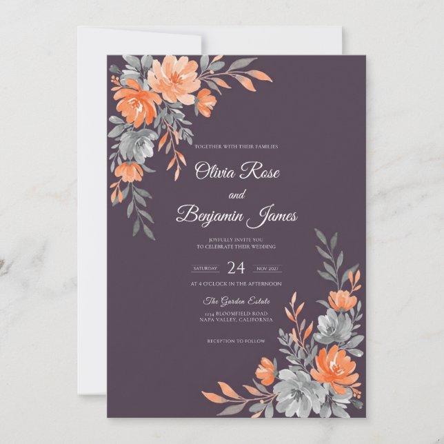 Invitation Mariage Deep Purple Orange Leaf (Devant)
