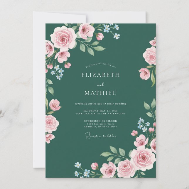 Invitation Mariage Deep Teal Ranunculus Dusty Eucalyptus (Devant)