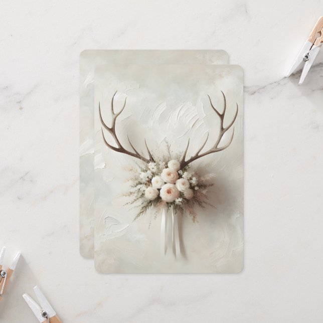 Invitation Mariage Deer Antlers Avec Bouquet De Mariage (Devant/Arrière en situation)