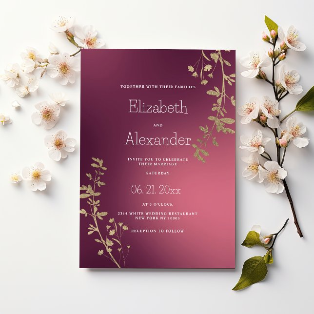 Invitation Mariage dégradé floral bordeaux or de luxe (Luxury gold burgundy floral gradient Wedding )